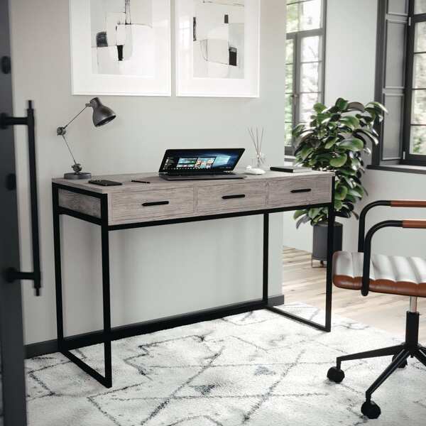 Martha Stewart Ollie Home Office Desk w/3 Drawers in Gray Wood Grain w/Oil Rubbed Bronze Hardware ZG-ZP-028-GY-BK-MS